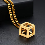 Punk Hollow Cube Pendant Necklace Stainless Steel Geometric Collier
