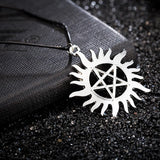 Punk Round Sun Pendant Necklace Pentagram Pendant Leather String Necklace