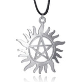 Punk Round Sun Pendant Necklace Pentagram Pendant Leather String Necklace