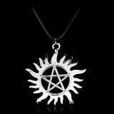 Punk Round Sun Pendant Necklace Pentagram Pendant Leather String Necklace