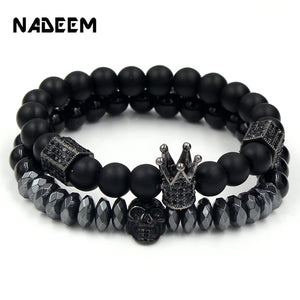 Punk Jewelry CZ Skull Skeleton Crown Charm Bracelet Hematite Stone Beads