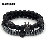Punk Jewelry CZ Skull Skeleton Crown Charm Bracelet Hematite Stone Beads