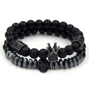 Punk Jewelry CZ Skull Skeleton Crown Charm Bracelet Hematite Stone Beads