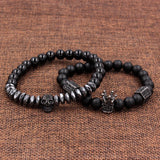 Punk Jewelry CZ Skull Skeleton Crown Charm Bracelet Hematite Stone Beads