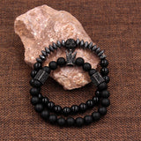 Punk Jewelry CZ Skull Skeleton Crown Charm Bracelet Hematite Stone Beads