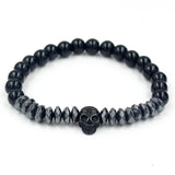 Punk Jewelry CZ Skull Skeleton Crown Charm Bracelet Hematite Stone Beads