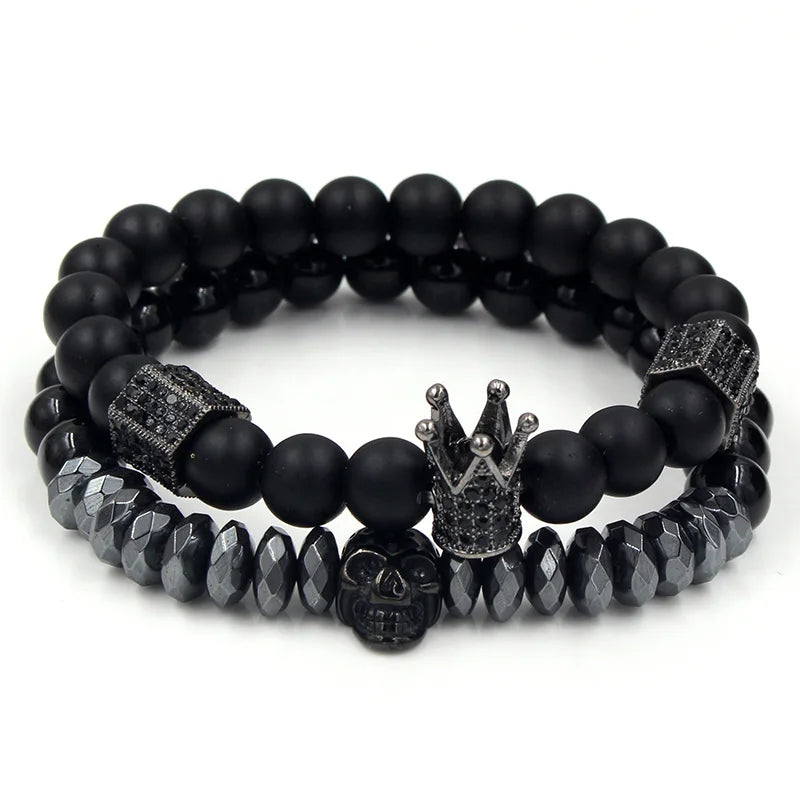 Punk Jewelry CZ Skull Skeleton Crown Charm Bracelet Hematite Stone Beads