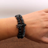 Punk Jewelry CZ Skull Skeleton Crown Charm Bracelet Hematite Stone Beads