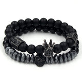 Punk Jewelry CZ Skull Skeleton Crown Charm Bracelet Hematite Stone Beads
