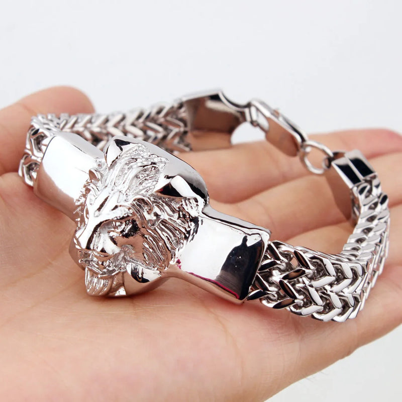 Punk Link Chain Mens Bracelet Stainless Steel Lion Head Cuff Bangle