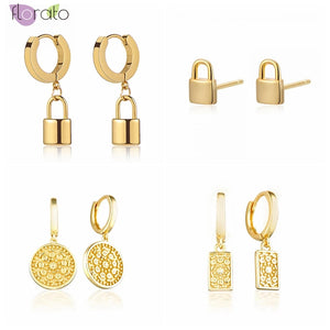 Punk Lock Key Pendant Earrings 925 Sterling Silver Padlock Hoop Earrings