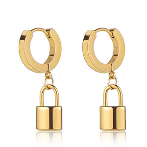 Punk Lock Key Pendant Earrings 925 Sterling Silver Padlock Hoop Earrings
