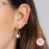 Punk Lock Key Pendant Earrings 925 Sterling Silver Padlock Hoop Earrings