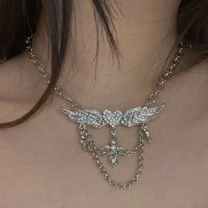 Punk Love Angel Wings Cross Pendant Necklaces Women Hip Hop Crystal Necklace