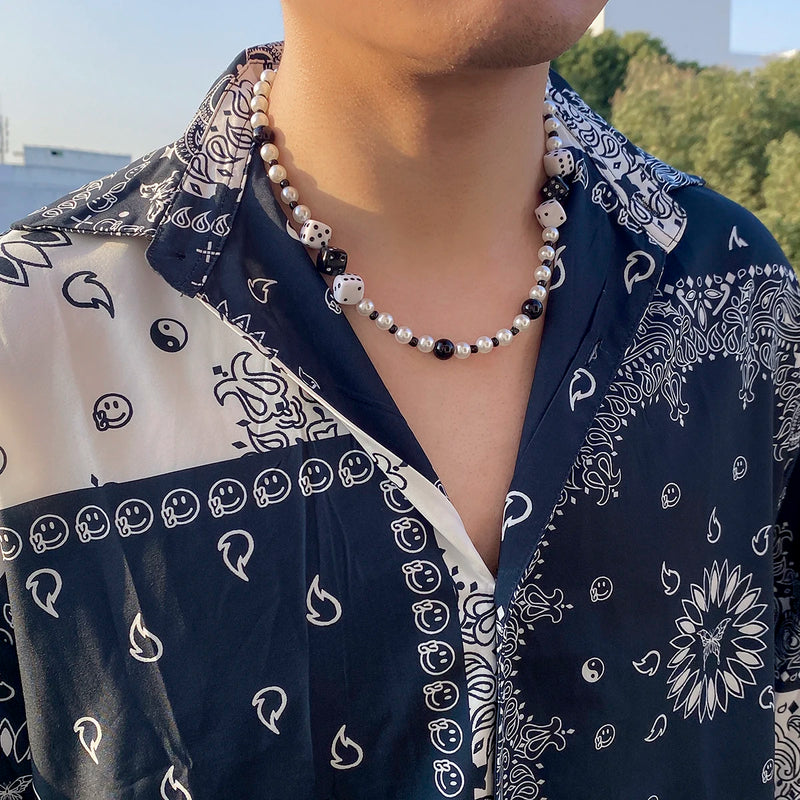 Punk Lucky Dice Beads Choker Necklace Men Pearl Beaded Chain Neck Jewelry