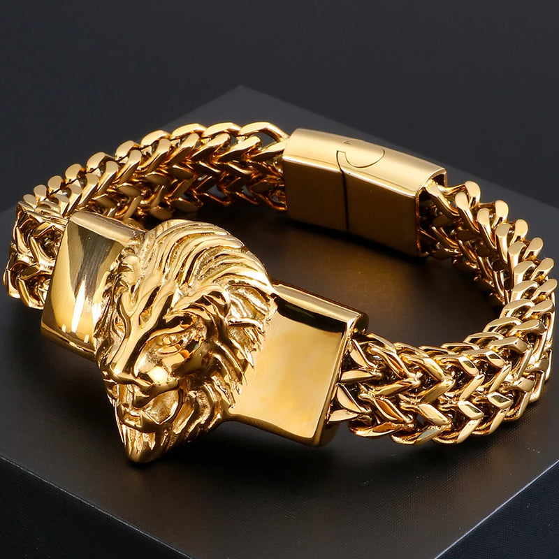 Punk Man Bracelet Lion Head Stainless Steel Jewelry Magnet Clasp