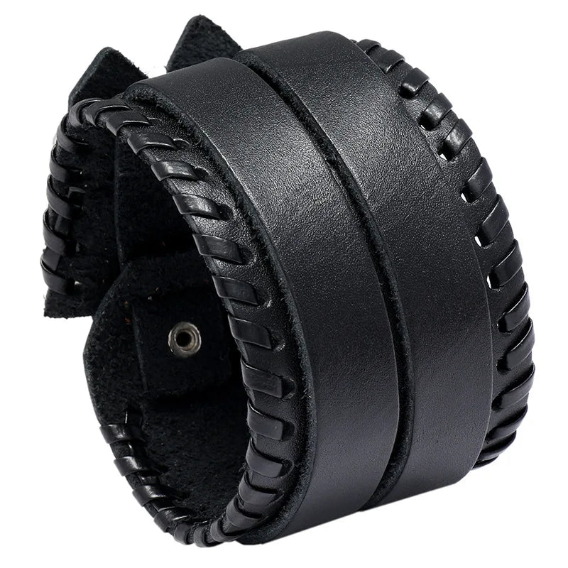 Punk Men Bracelet Wide Brown Leather Strap Multilayer Braided Crafts