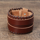 Punk Men Bracelet Wide Brown Leather Strap Multilayer Braided Crafts