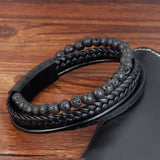 Punk Men Braid Bracelet Leather Stone Beaded Bangle