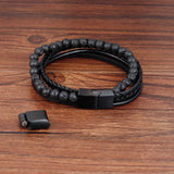 Punk Men Braid Bracelet Leather Stone Beaded Bangle