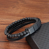 Punk Men Braid Bracelet Leather Stone Beaded Bangle