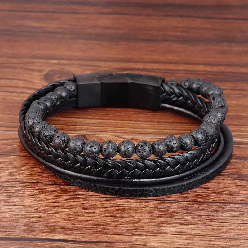 Punk Men Braid Bracelet Leather Stone Beaded Bangle