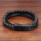 Punk Men Braid Bracelet Leather Stone Beaded Bangle