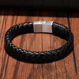 Punk Men Jewelry Braided Leather Bracelet Stainless Steel Magnetic Clasp Bangles