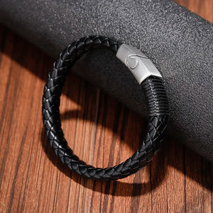 Punk Men Jewelry Braided Leather Bracelet Stainless Steel Magnetic Clasp Bangles