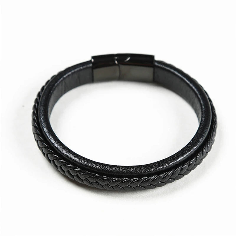 Punk Leather Bracelet Stainless Steel Clasp Bangles 19.5/20.5cm