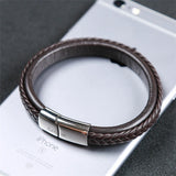 Punk Leather Bracelet Stainless Steel Clasp Bangles 19.5/20.5cm