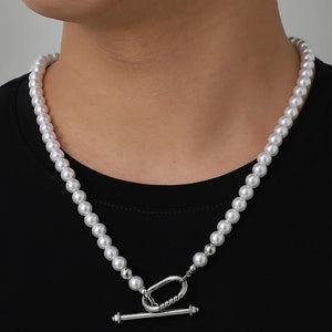 Punk Men Pearl Necklace Stainless Steel Choker