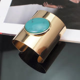 Punk Metal Big Cuff Open Bangles For Women Oval Resin Bead Bracelet