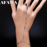 Punk Metal Finger Ring Link Bracelet Stainless Steel Cross Conjoined Bracelet