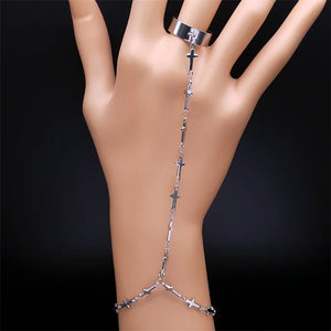 Punk Metal Finger Ring Link Bracelet Stainless Steel Cross Conjoined Bracelet
