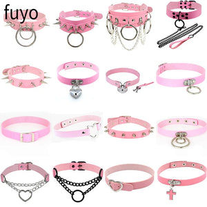 Punk Metal Tassel Pendant Pink PU Leather Choker Collar
