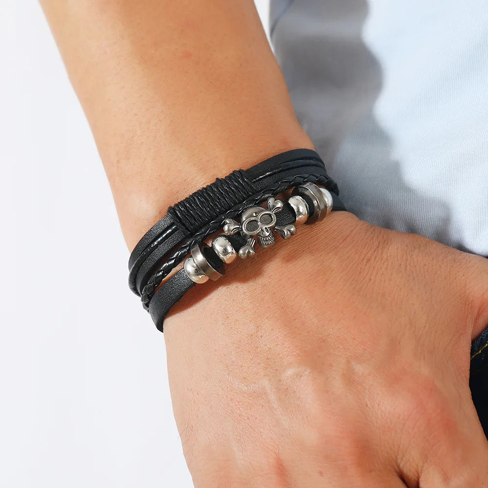 Punk Leather Bracelets Skull Charms Wrap Wristband Bangle