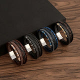 Punk Multilayer Stainless Steel Bangle Leather Bracelet Men Women