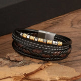 Punk Multilayer Stainless Steel Bangle Leather Bracelet Men Women