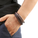 Punk Multilayer Stainless Steel Bangle Leather Bracelet Men Women