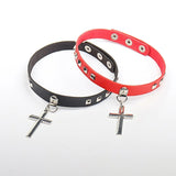 Punk PU Leather Cross Heart Pendant Choker Necklace for Women