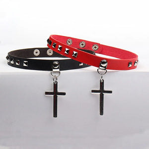 Punk PU Leather Cross Heart Pendant Choker Necklace for Women