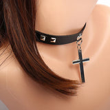 Punk PU Leather Cross Heart Pendant Choker Necklace for Women