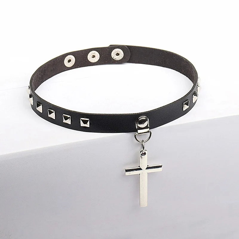 Punk PU Leather Cross Heart Pendant Choker Necklace for Women