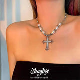 Vintage Punk Cross Pendant Necklace Bling Pearl