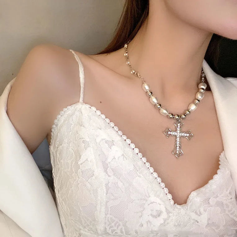Vintage Punk Cross Pendant Necklace Bling Pearl