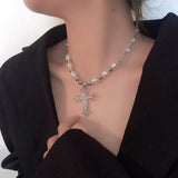 Vintage Punk Cross Pendant Necklace Bling Pearl