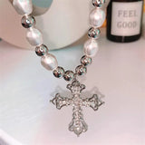 Vintage Punk Cross Pendant Necklace Bling Pearl