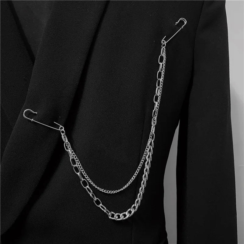 Punk Pendant Double Pin Clip Chain Brooch Japan Korea For Men Women