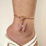 Punk Pink Rhinestone Letter Initial Anklets Crystal Chain Anklet Bracelet